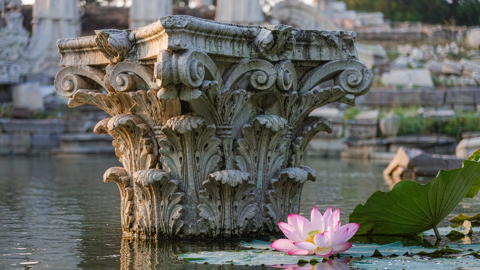 Close-up of carved stone column fragment with lotus at Old Summer Palace