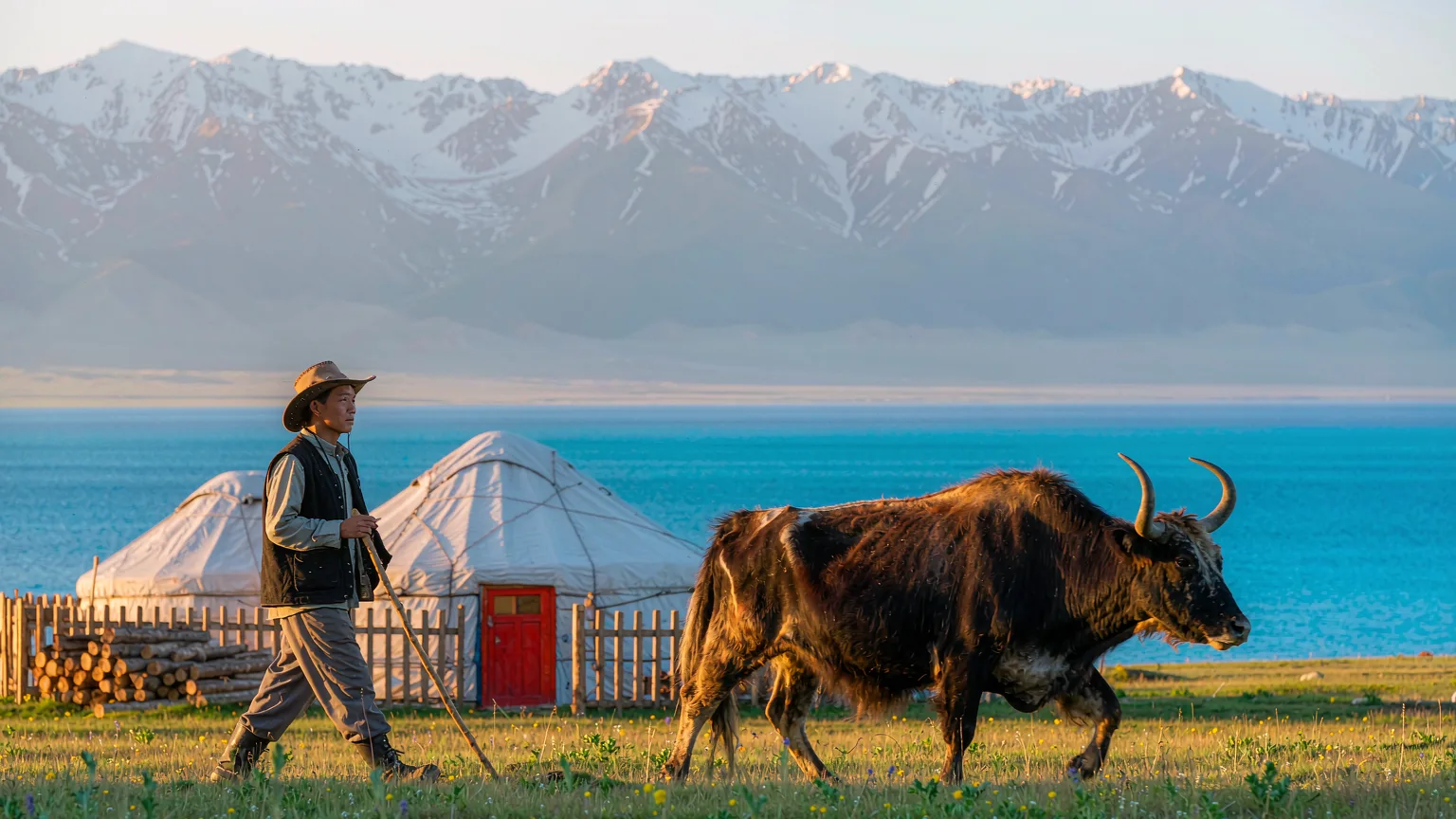 Kyrgyz herder with yaks on Pamir Plateau near yurt camp and mountains