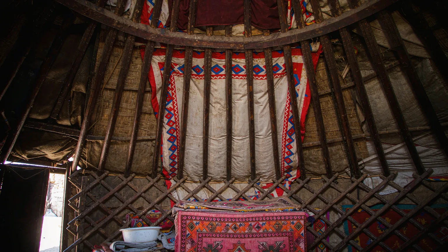Interior of Kyrgyz yurt with colorful rugs on Pamir Plateau
