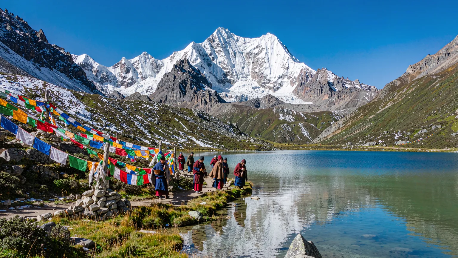 Pearl Lake at foot of Chenresig with prayer flags and pilgrims