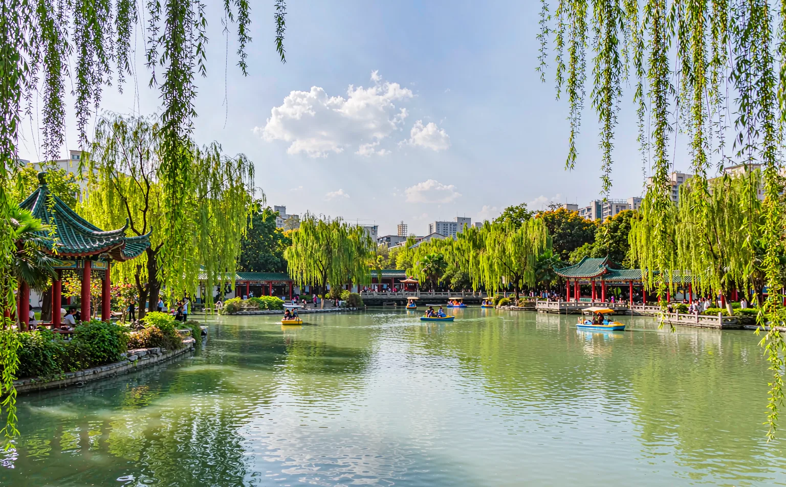 Lake, pavilions and willow trees in People's Park Chengdu
