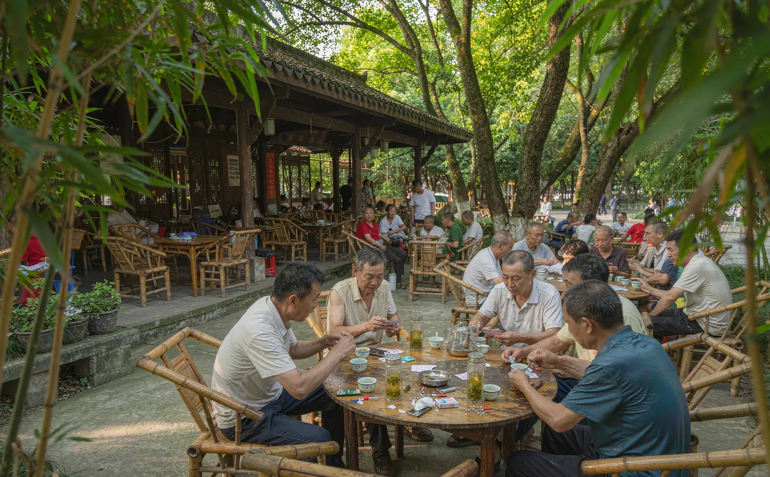 Open-air teahouse with bamboo chairs in People's Park