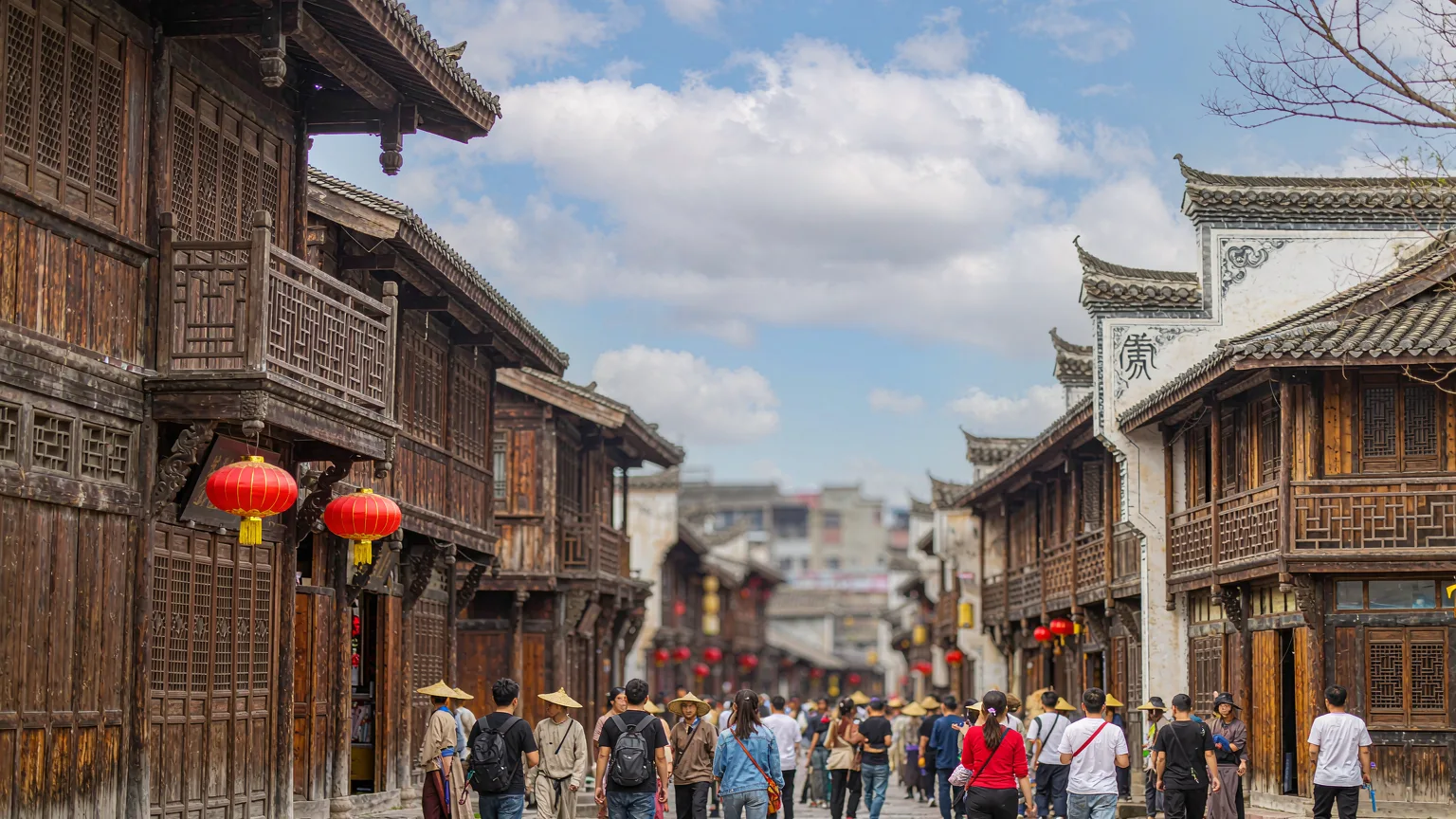 Pingyao main street with Ming-Qing shopfronts and red lanterns