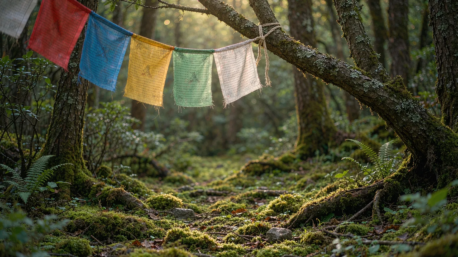 Tibetan prayer flags on a tree branch with mossy forest floor in Potatso National Park