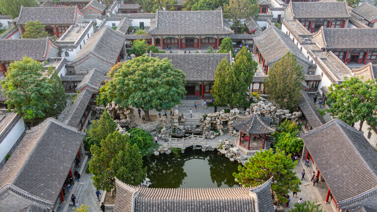 Aerial view of Prince Gong's Mansion's courtyards and gardens