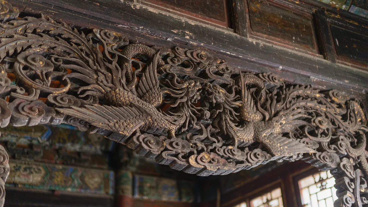 Intricate wooden carvings on a hall in Prince Gong's Mansion