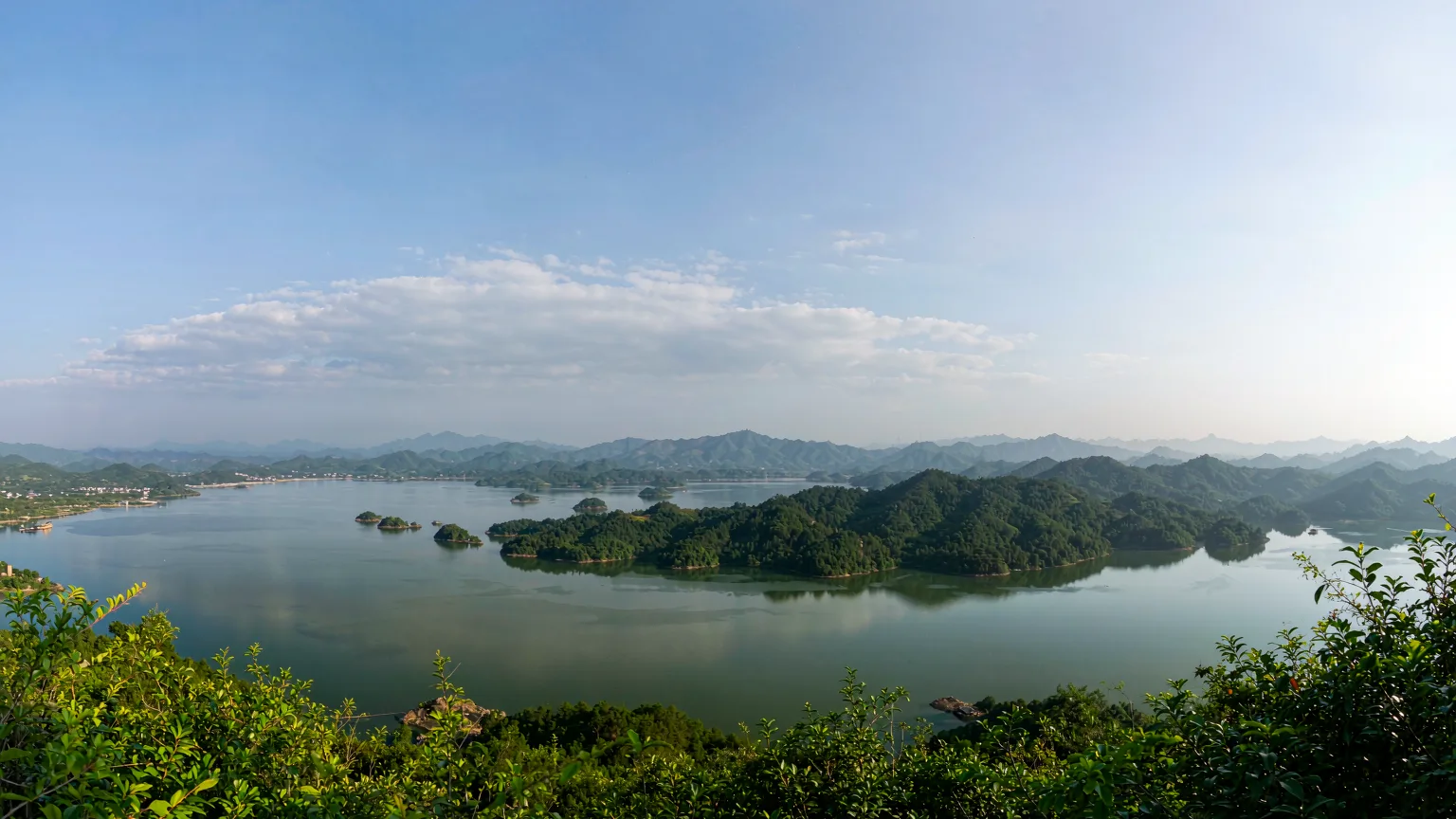 Panoramic view of Qiandao Lake's archipelago and clear waters