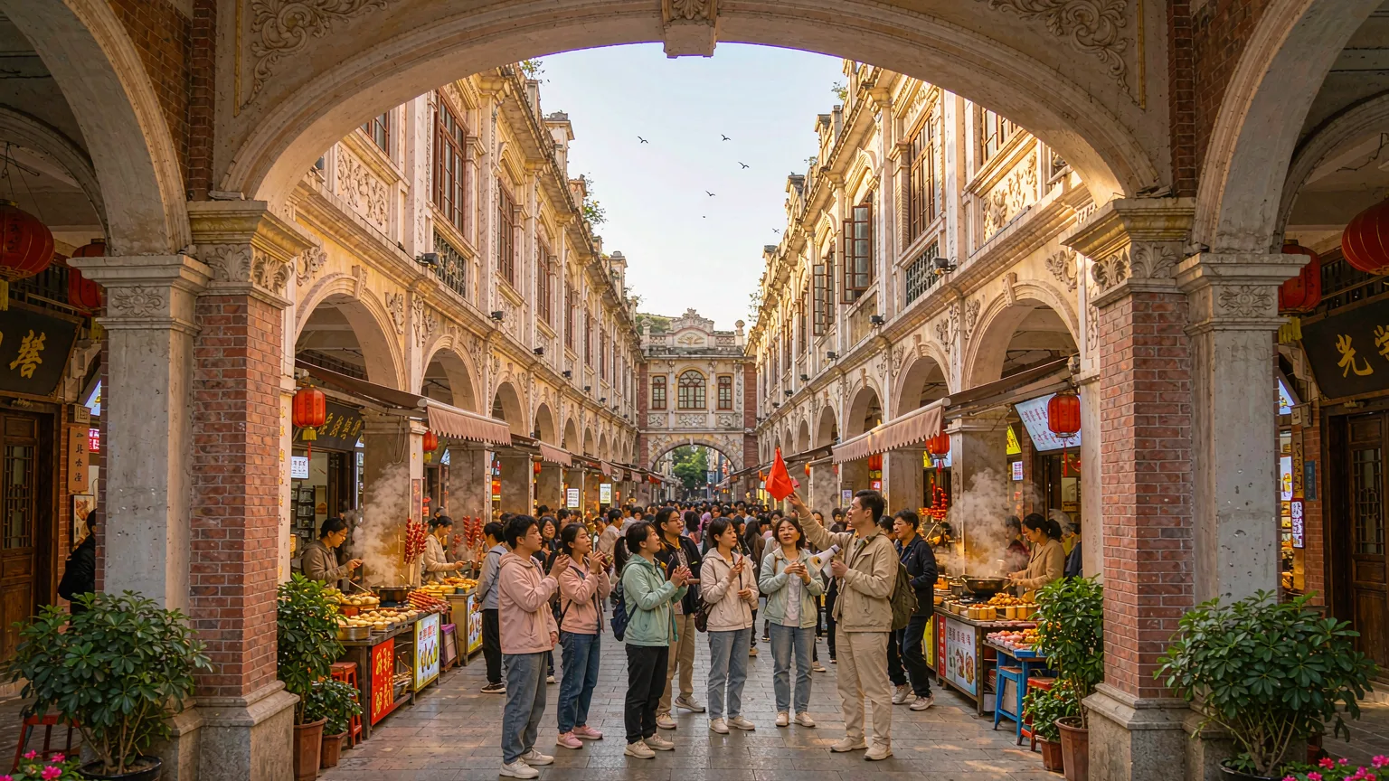 Tour group entering Qilou Old Street arcade with guide