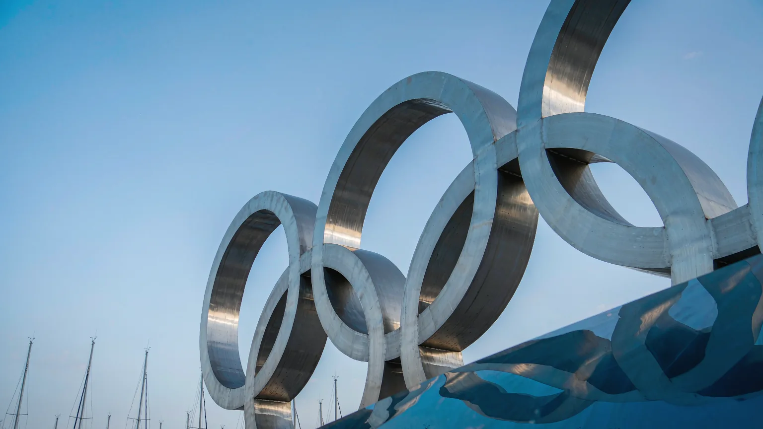 Close-up of Olympic rings sculpture at Qingdao Olympic Sailing Center