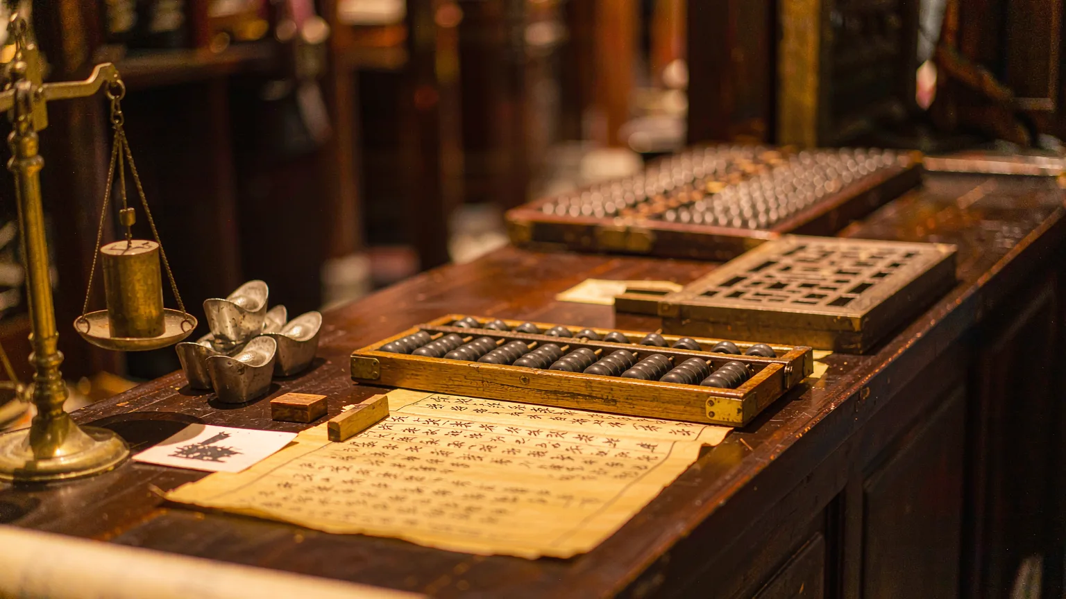 Antique ledger and abacus detail inside Rishengchang draft bank