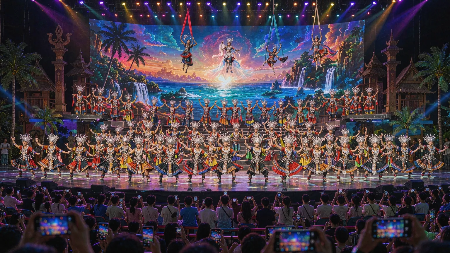 Colorful stage performance with dancers and acrobats at Sanya Romance Park