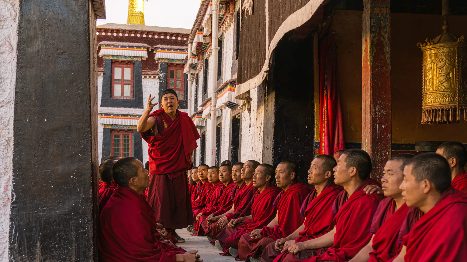Monks in crimson robes engaged in animated debate in Sera Monastery courtyard