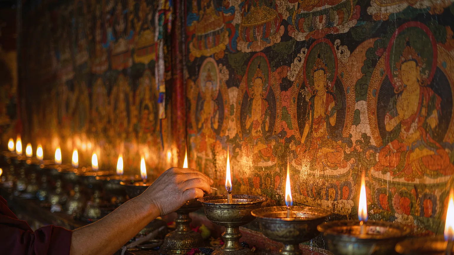 Close-up of intricate murals and golden statues inside a chapel at Sera Monastery