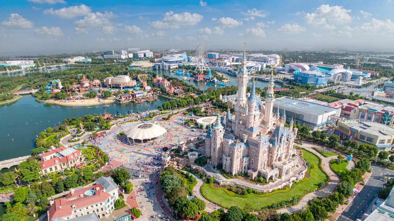 Aerial view of Shanghai Disney Resort's seven themed lands and castle