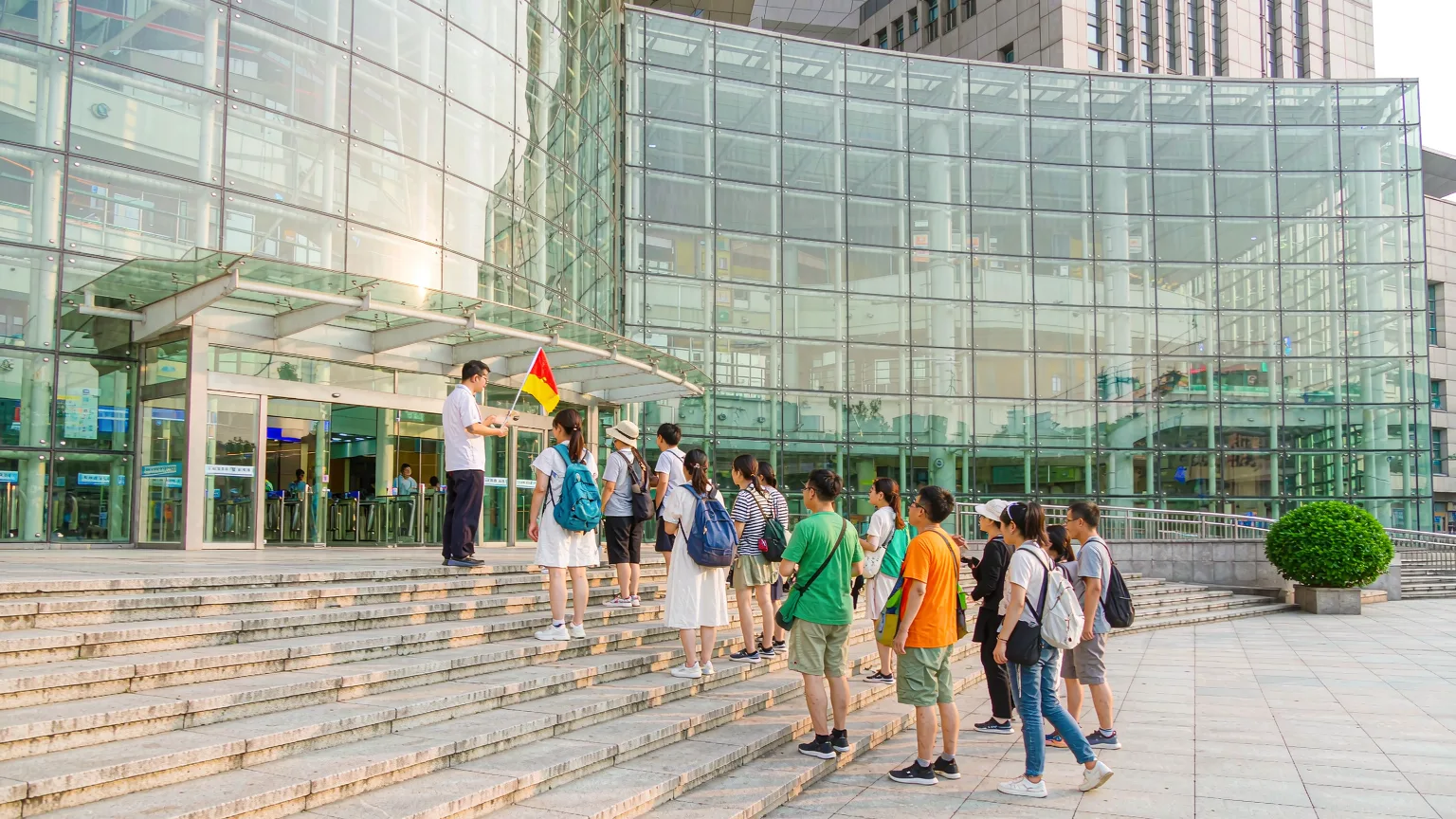 Tourists at the main entrance of Shanghai Science and Technology Museum