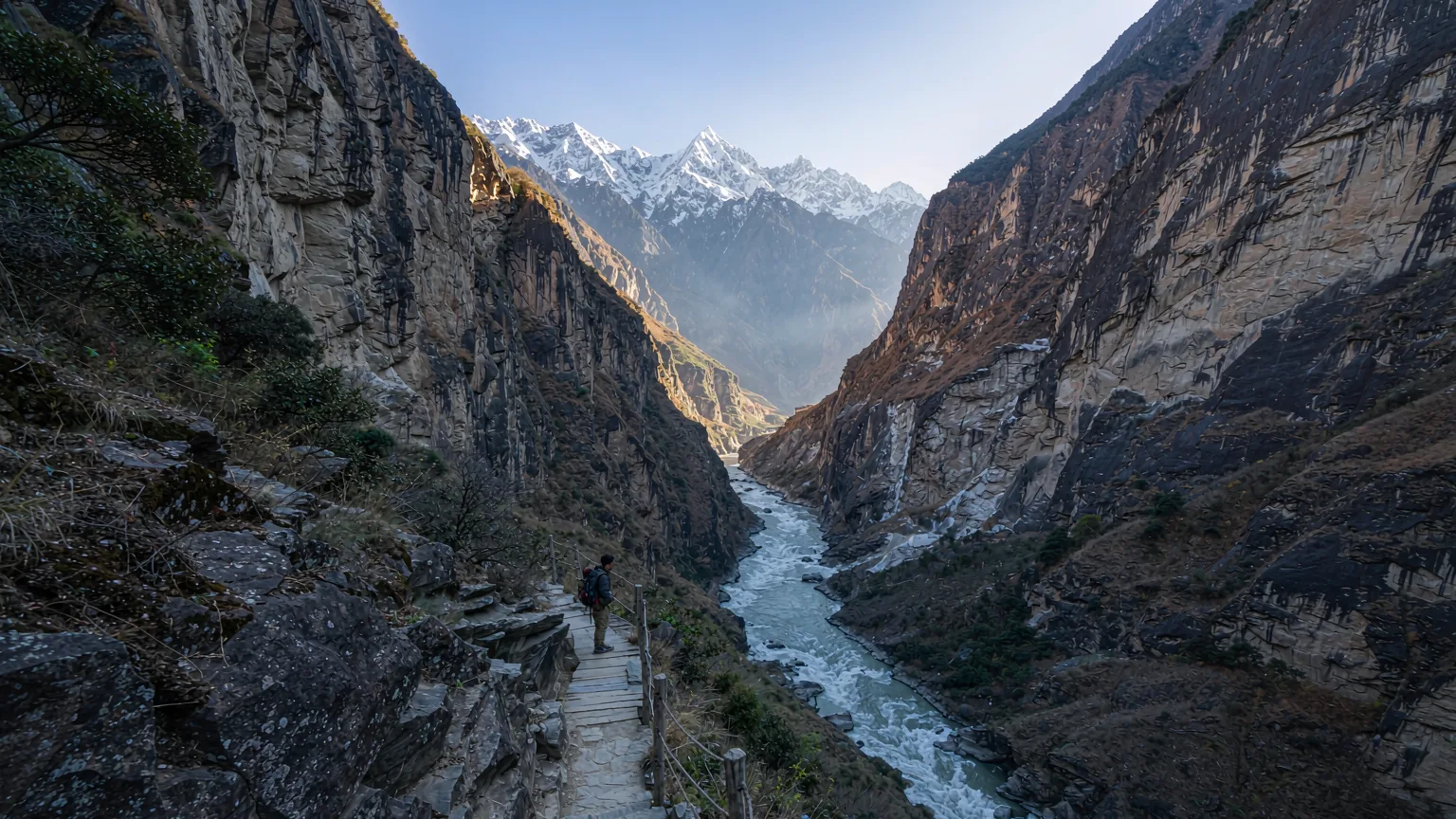 Panoramic view of Tiger Leaping Gorge with hiker on high trail