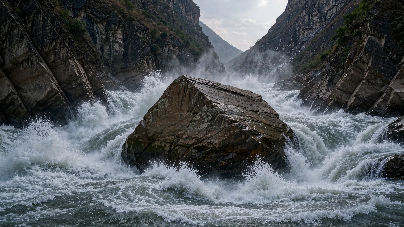 Close-up of Tiger Leaping Stone amid rushing whitewater in gorge