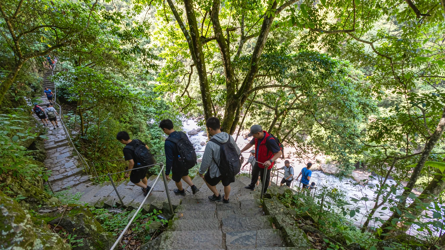 Hikers descending stone steps on Tiger Leaping Gorge trail with guide