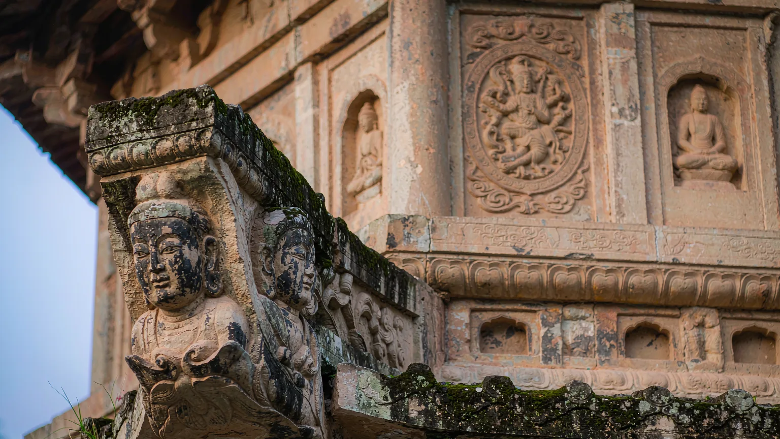 Close-up of ancient stone carvings on Shaolin Temple pagoda