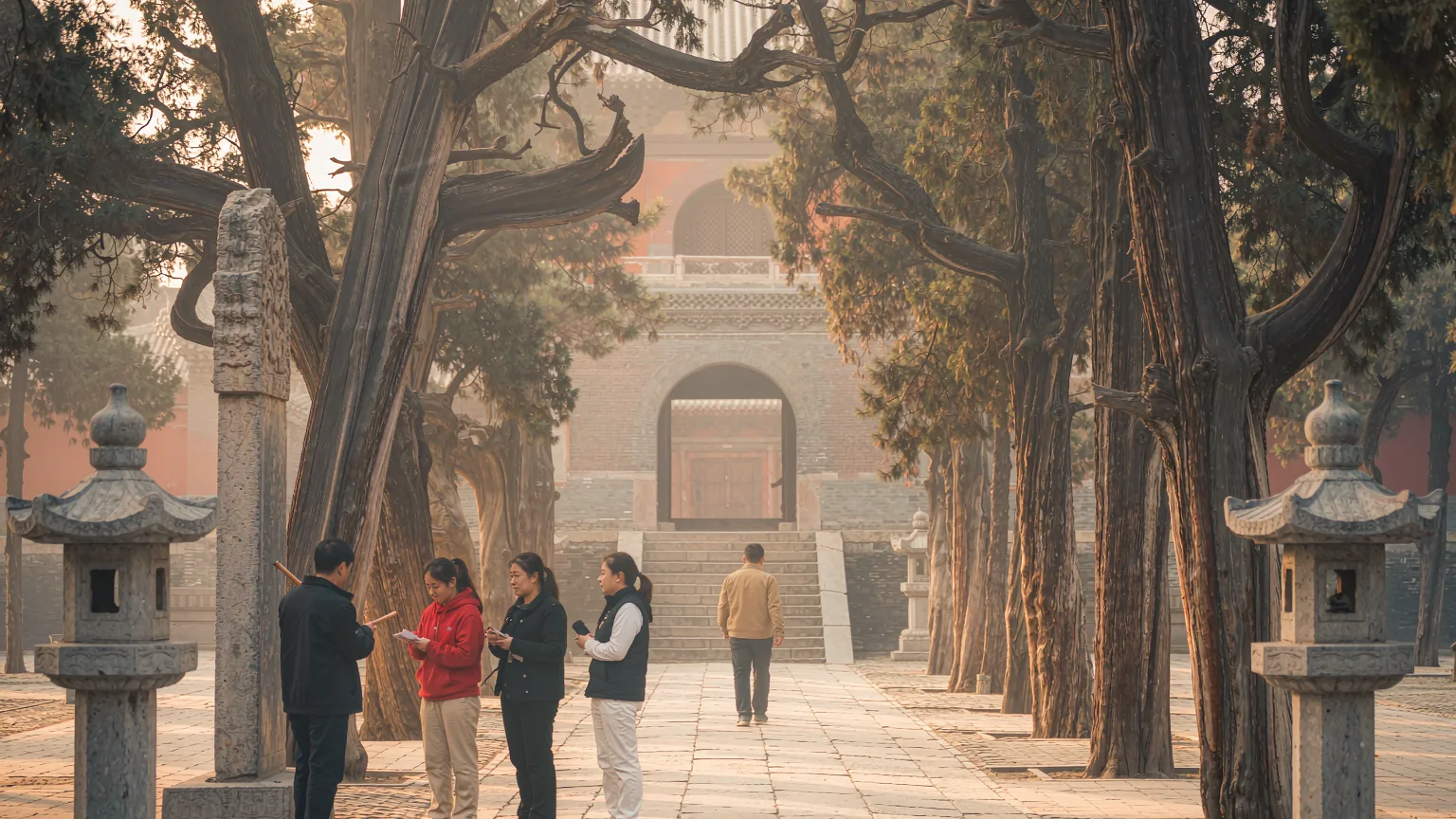 Visitors walking on stone path to Shaolin Temple entrance