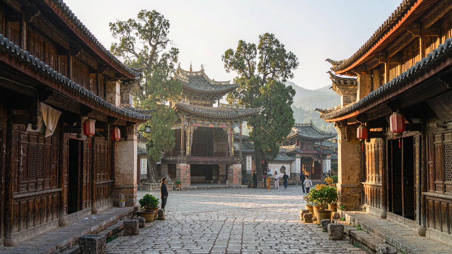 Sideng Street in Shaxi Ancient Town with traditional timber shophouses and theatre stage