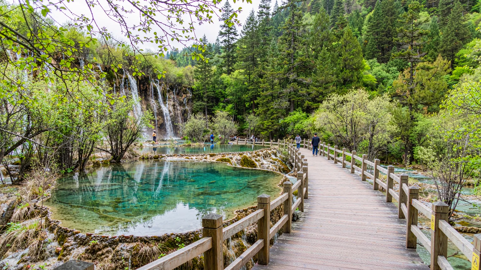 Wooden boardwalk winding through Shenxianchi with visitors and terraced pools