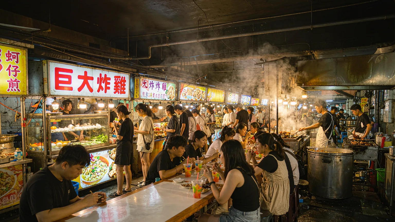 Underground food court at Shilin Night Market with food stalls and diners