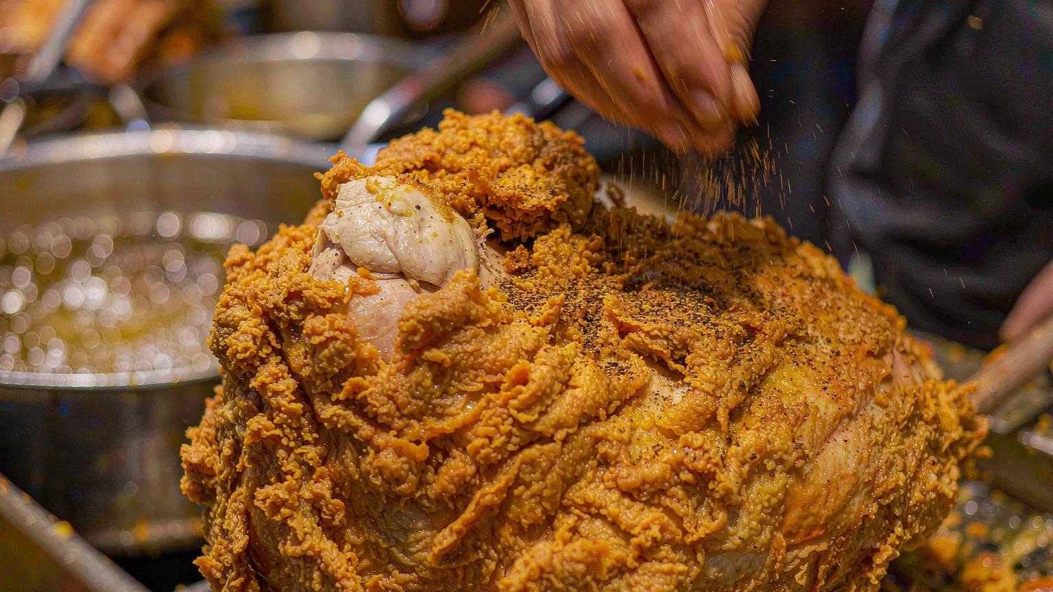 Close-up of giant fried chicken being prepared at Shilin Night Market