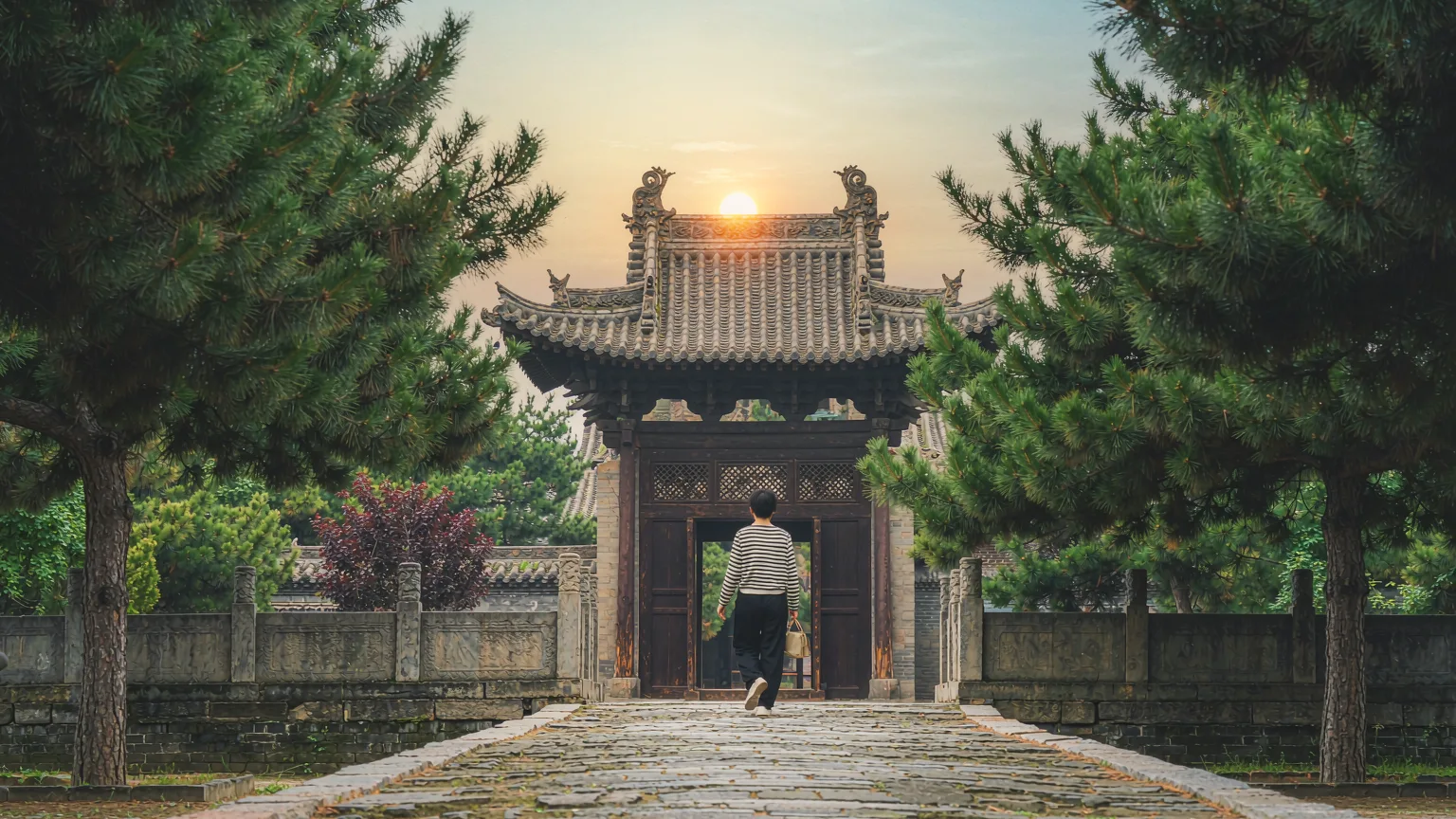 Visitor walking through entrance gate of Shuanglin Temple