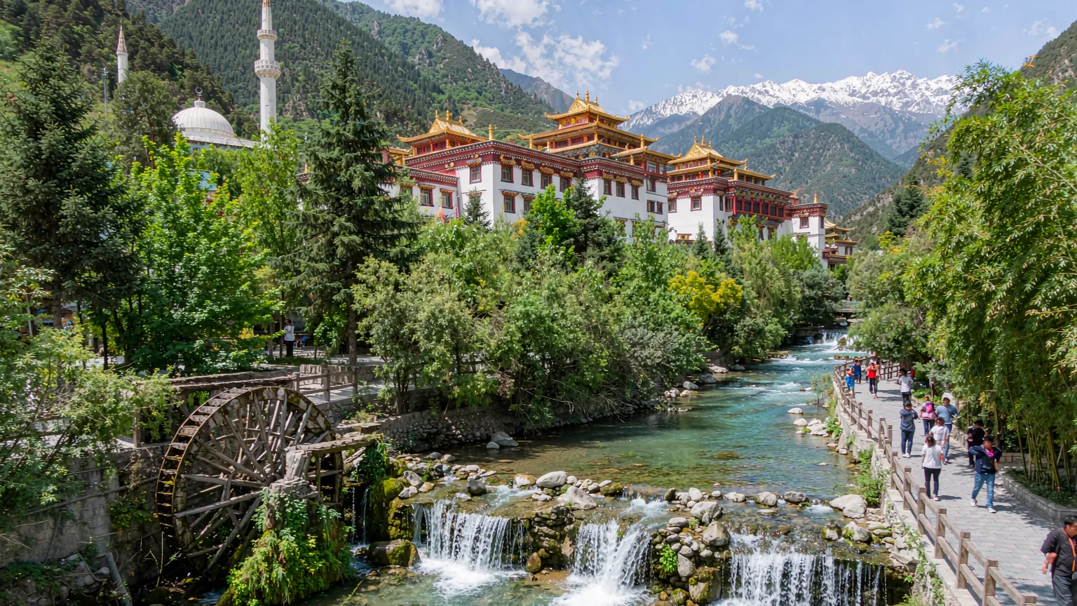 Shuimogou valley with spring, water mill, and Buddhist lamasery