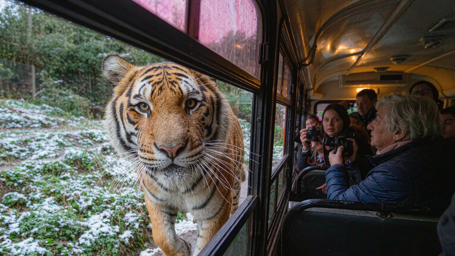 Tourists watching tiger up close from protected bus at Harbin park