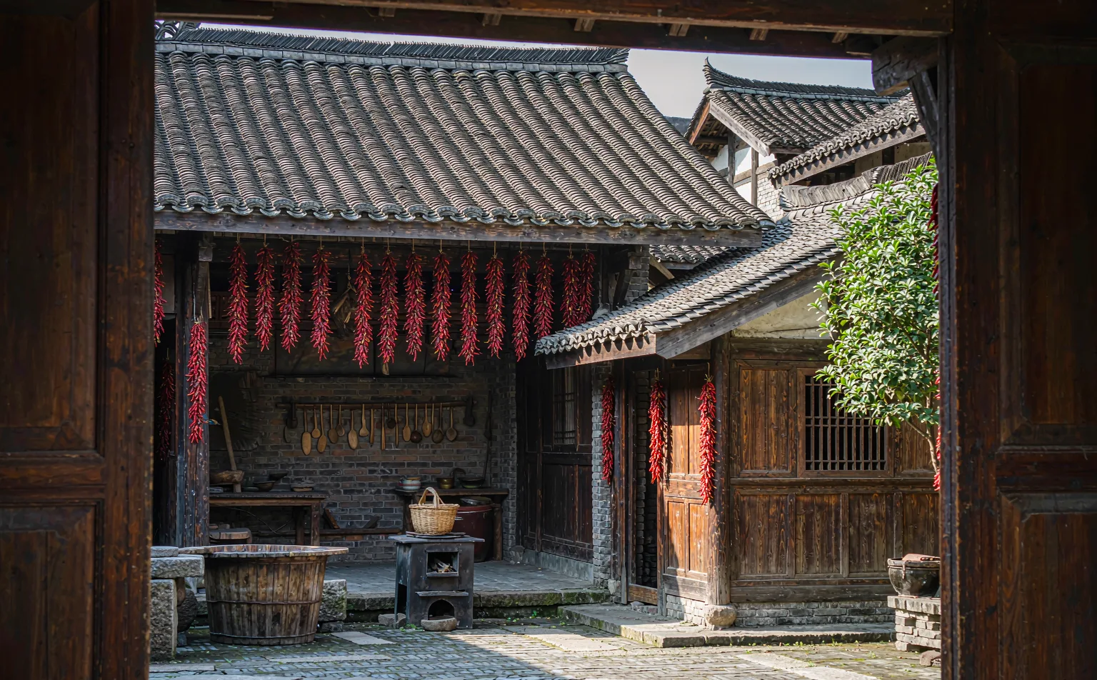 Red chili peppers drying in the courtyard of Sichuan Cuisine Museum