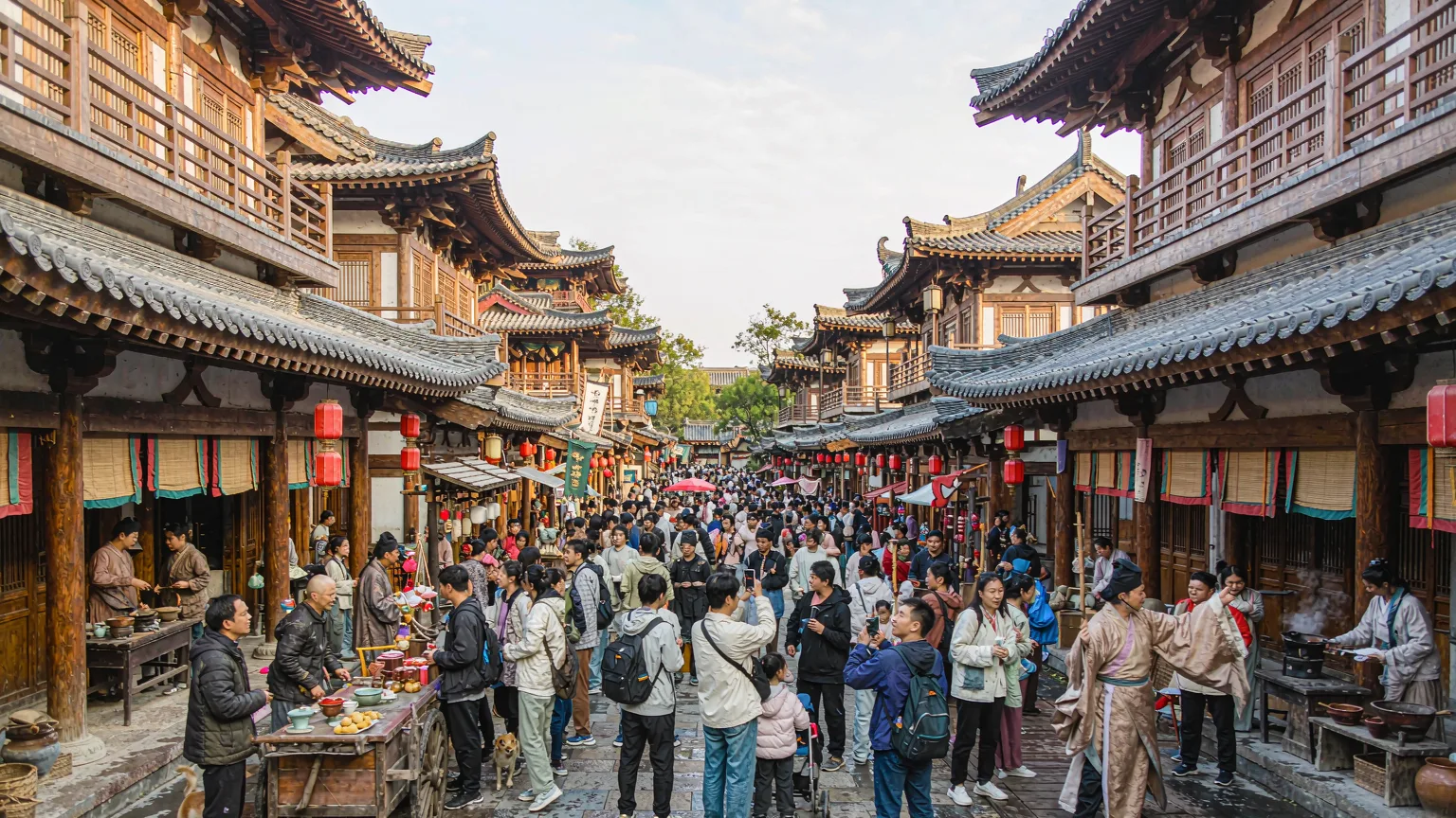 Song-dynasty street scene with actors and traditional architecture in Songcheng