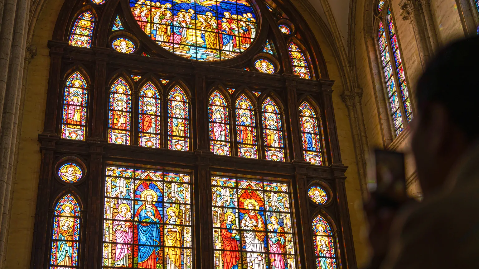 Colorful stained glass window inside St. Michael's Cathedral, Qingdao
