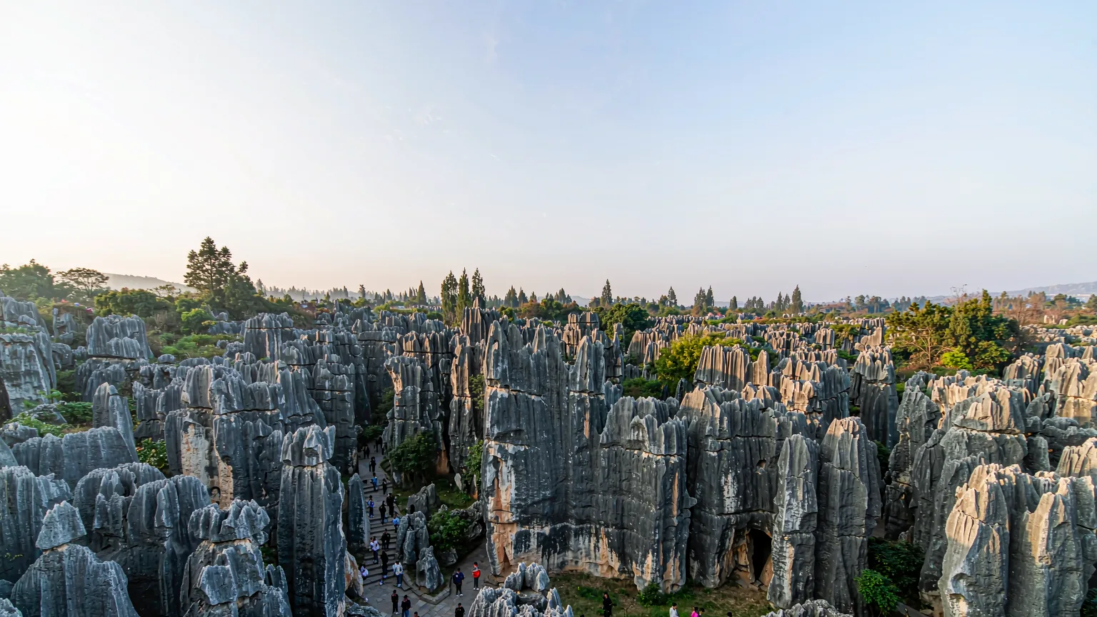 Panoramic view of Shilin's limestone pillars and fissures on the Yunnan plateau