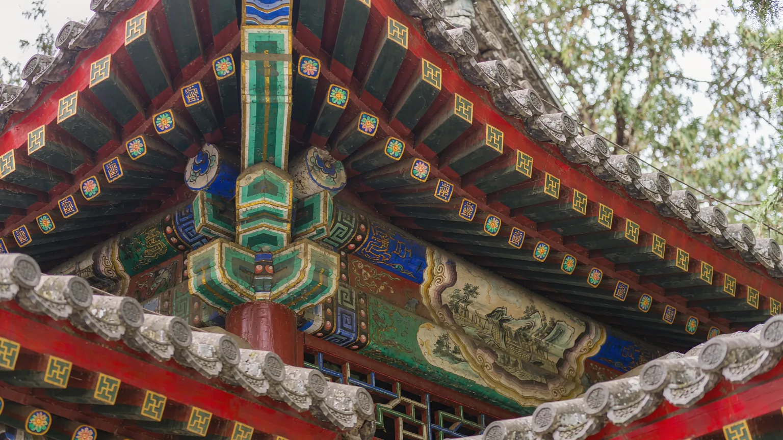 Intricate painted beams and decorations on a Summer Palace pavilion