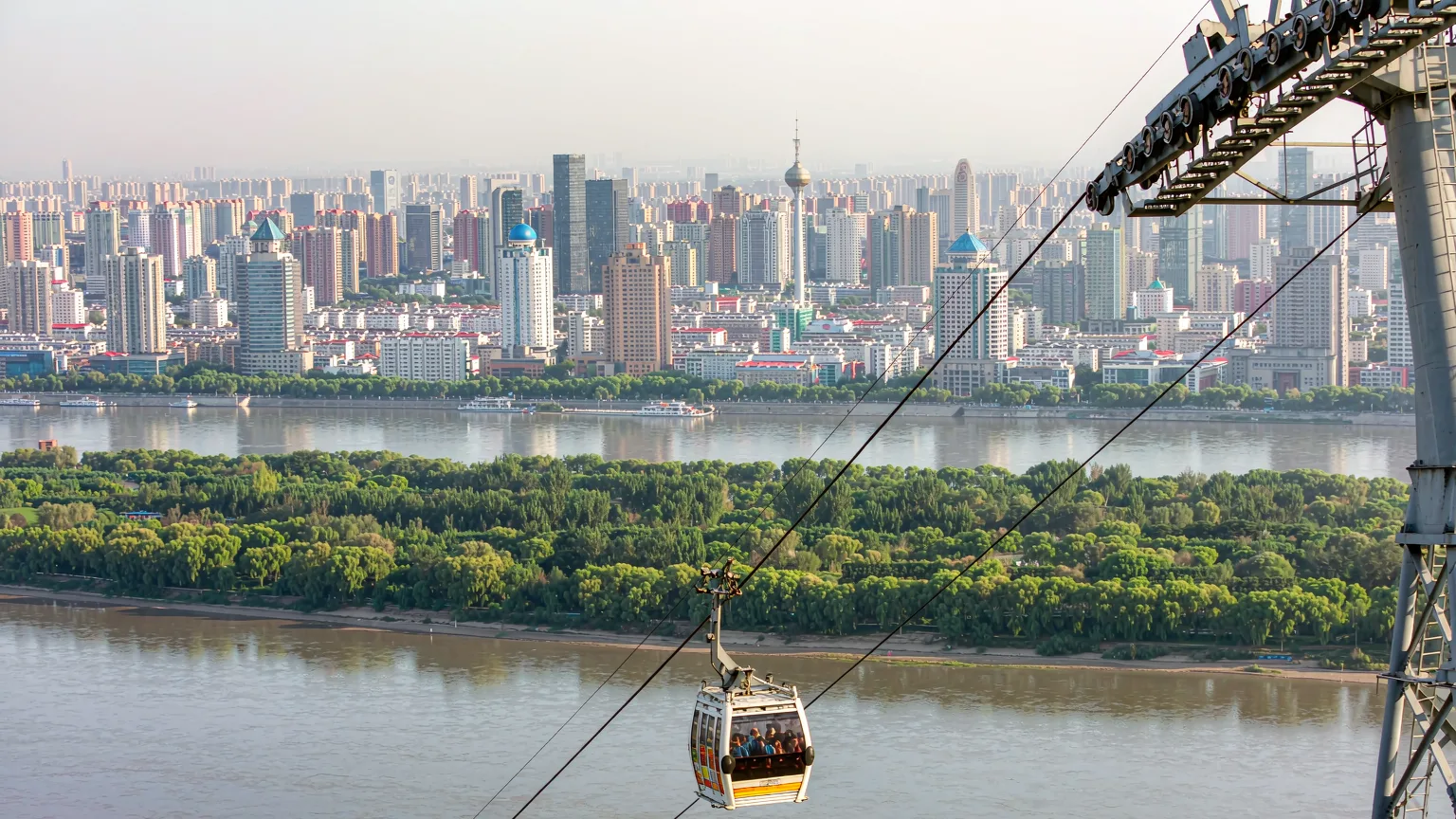 Cable car crossing Songhua River toward Sun Island