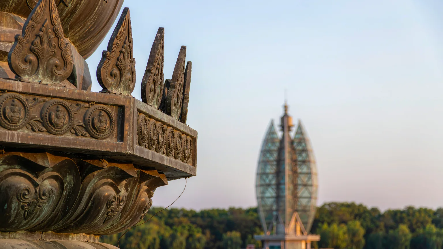Detailed bronze Buddhist motifs on the Sun Pagoda in Guilin