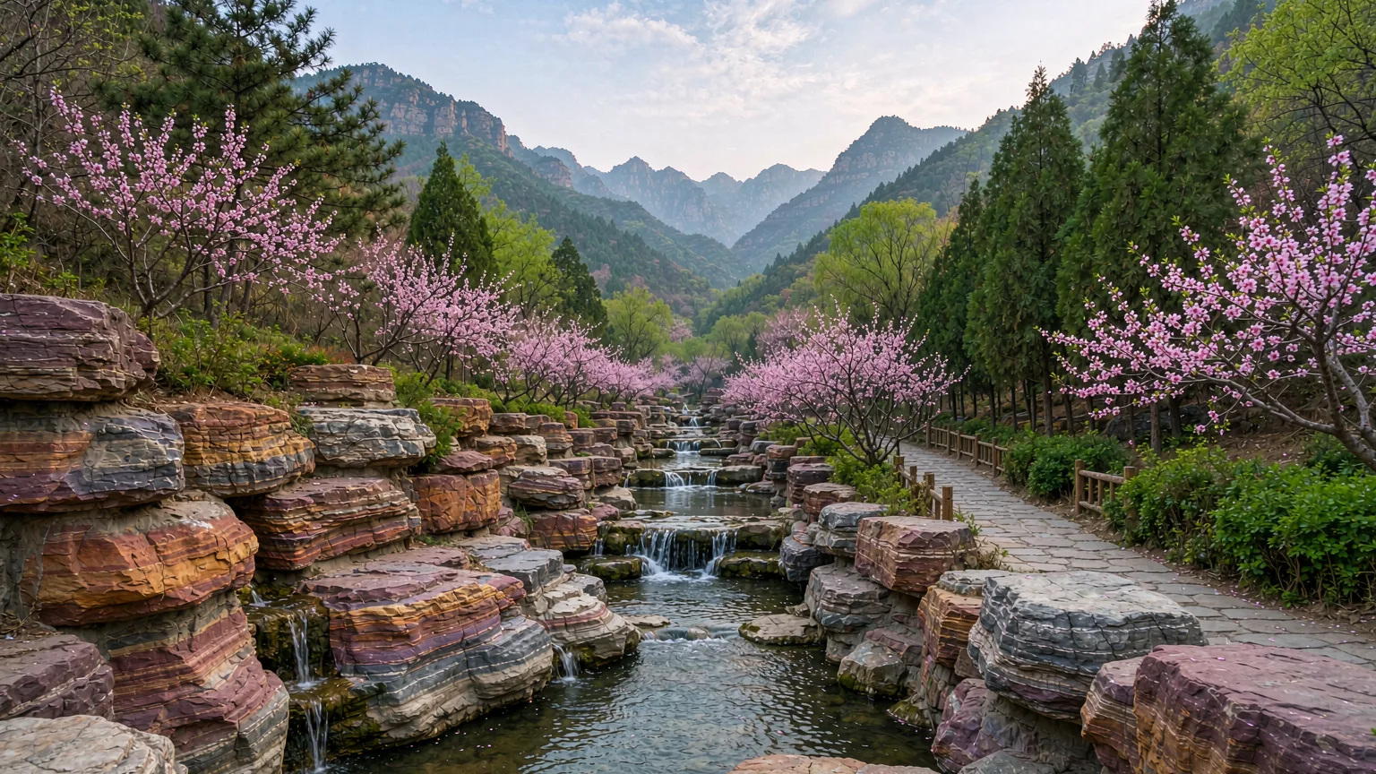 Taohuayu valley with Colored Stone Creek and blooming peach trees in Mount Tai