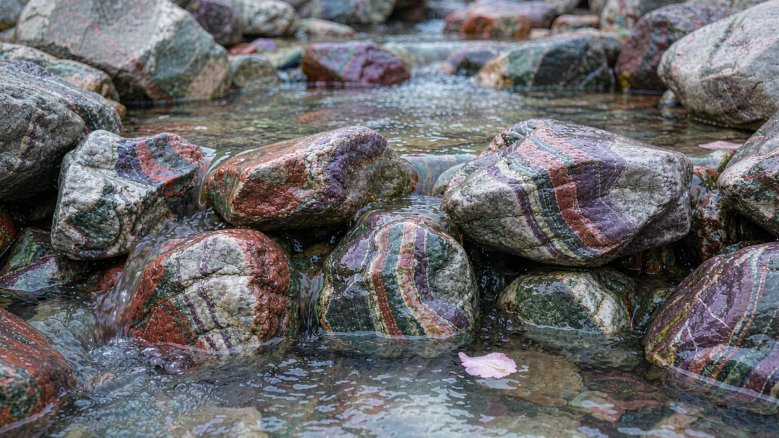 Close-up of colorful rock bands in Colored Stone Creek with a peach petal