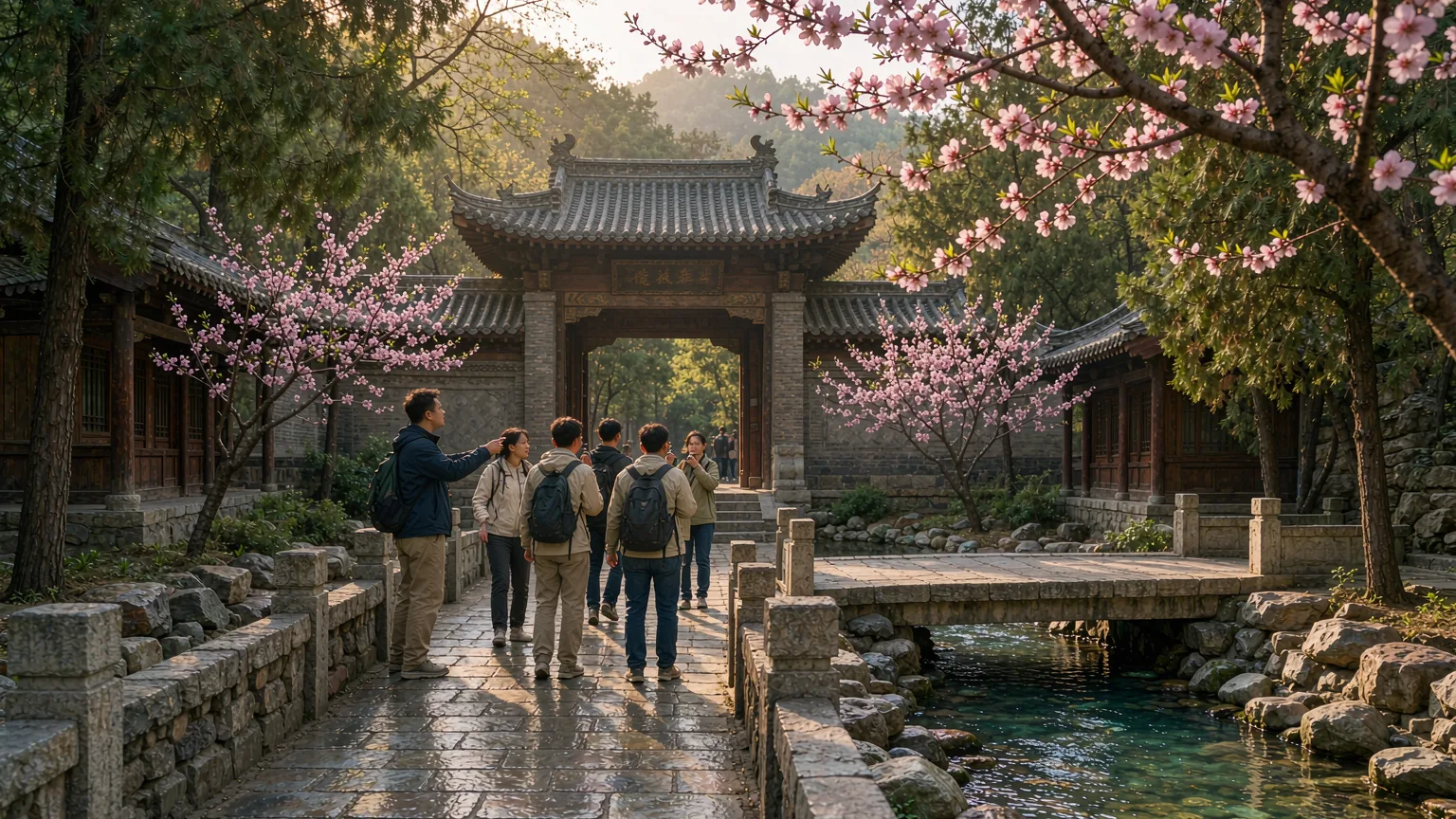 Visitor with guide on stone path in Taohuayu near entrance with peach blossoms