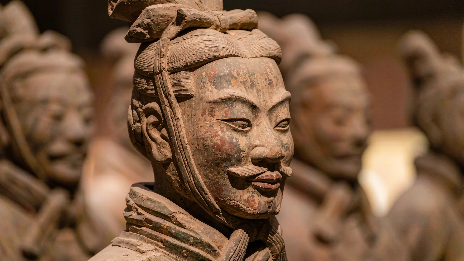 Close-up of terracotta warrior's detailed face and hair