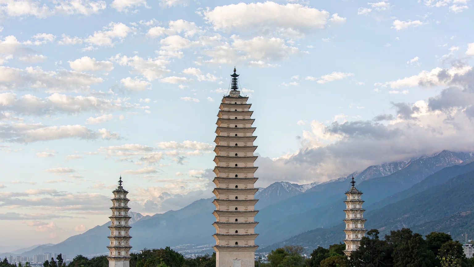 Ancient Three Pagodas of Dali with central tall tower and two smaller ones