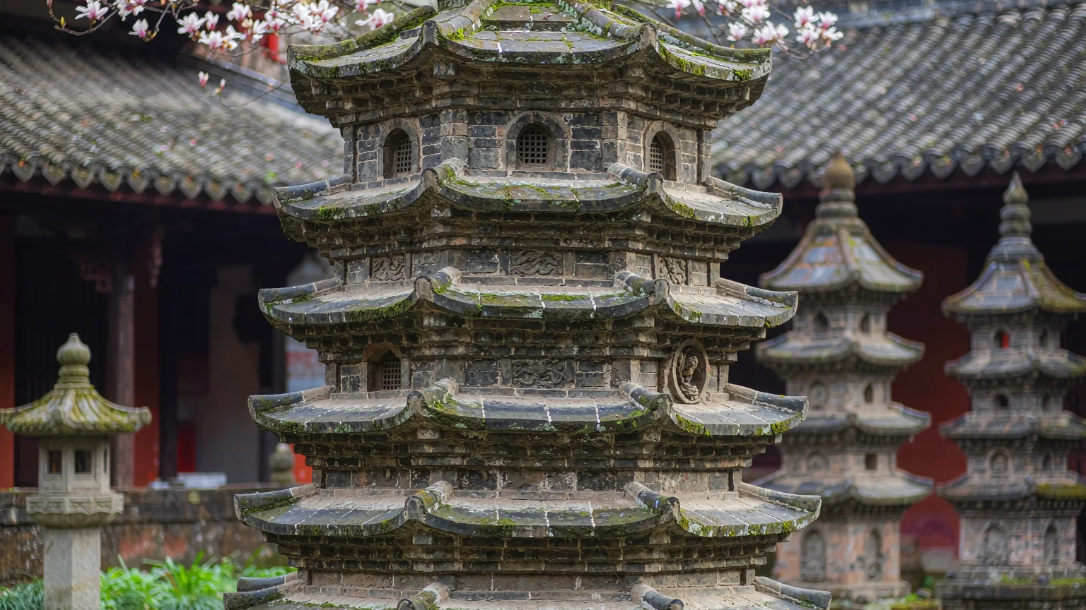 Detailed brickwork and carvings on the ancient Qianxun Pagoda in Dali