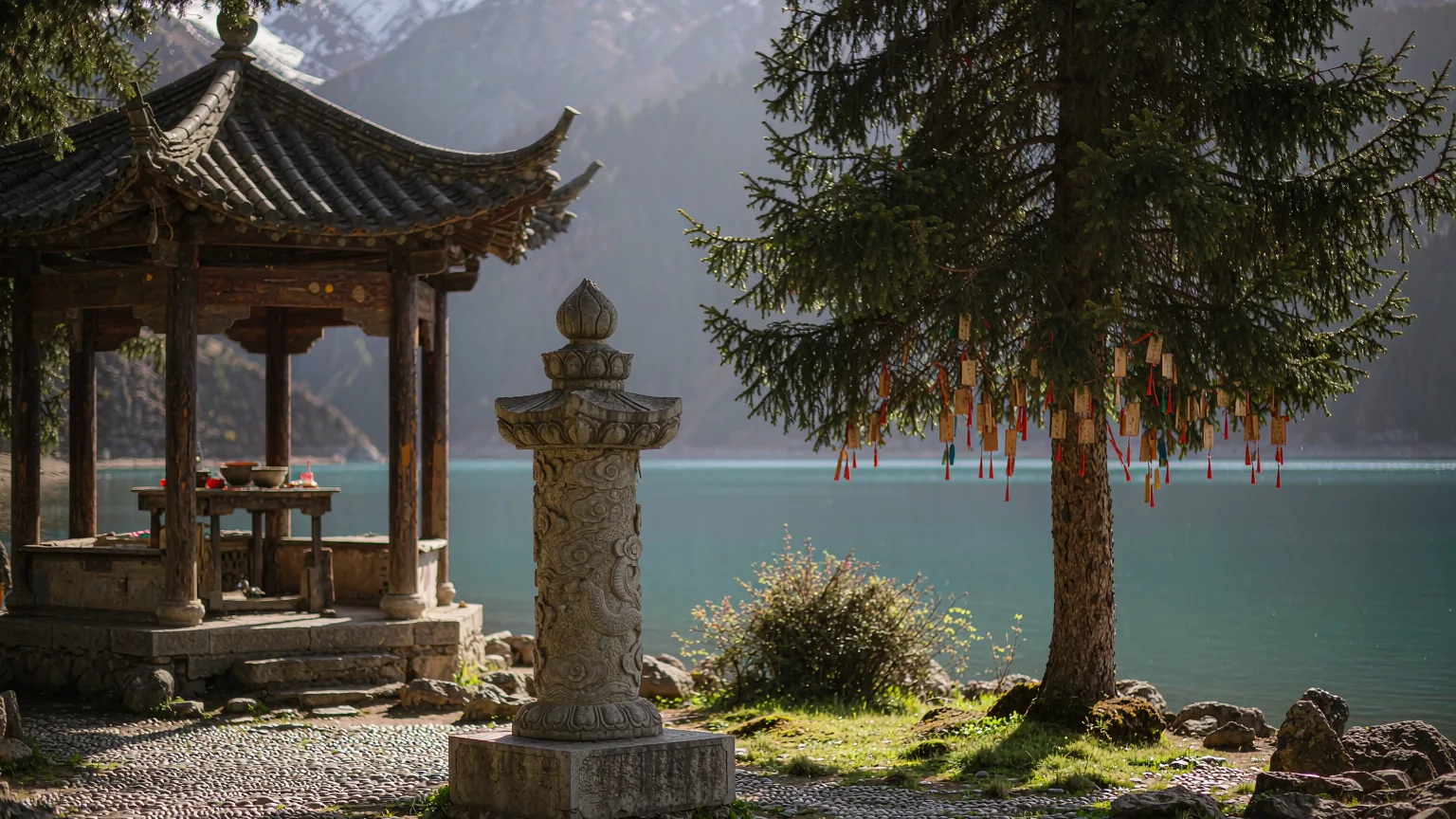 Wooden pavilion and prayer ribbons on the quiet shore of Tianchi Lake