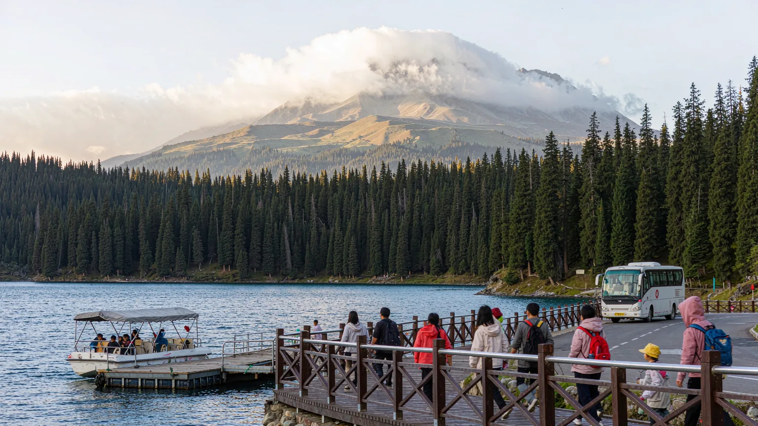 Visitors on a lakeside boardwalk and boat dock at Tianchi Lake
