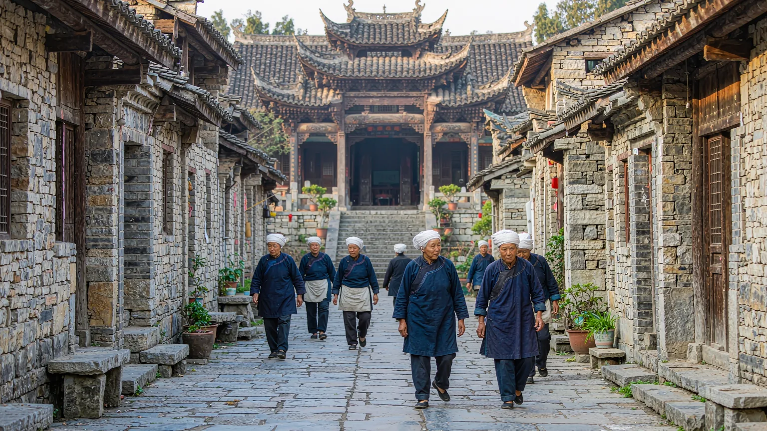Stone street in Tianlong Tunpu with locals in traditional Ming dress