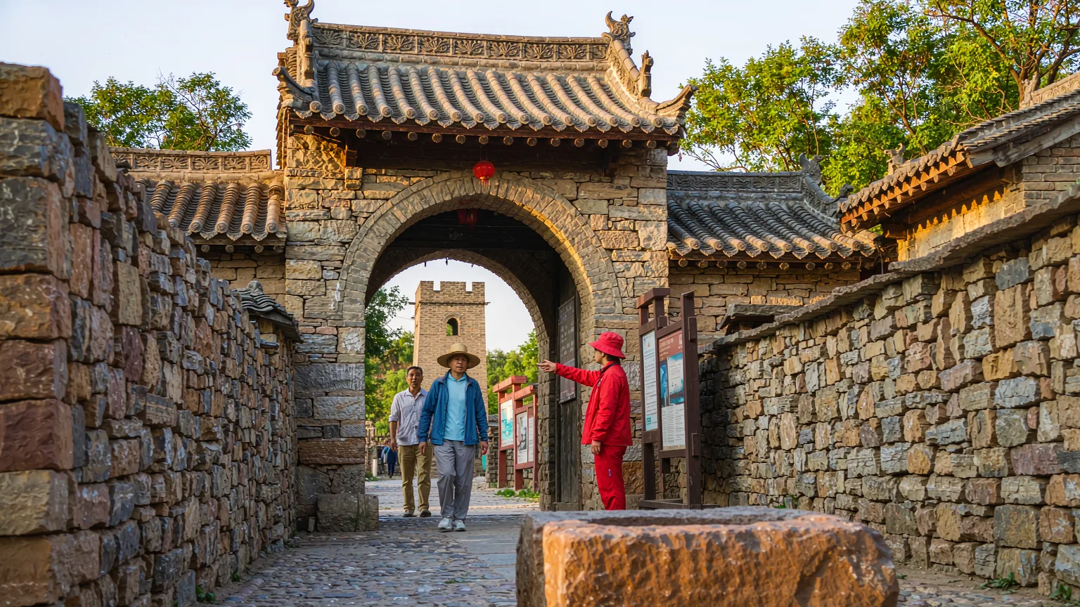 Tourists entering Tianlong Tunpu through historic stone gate with guide