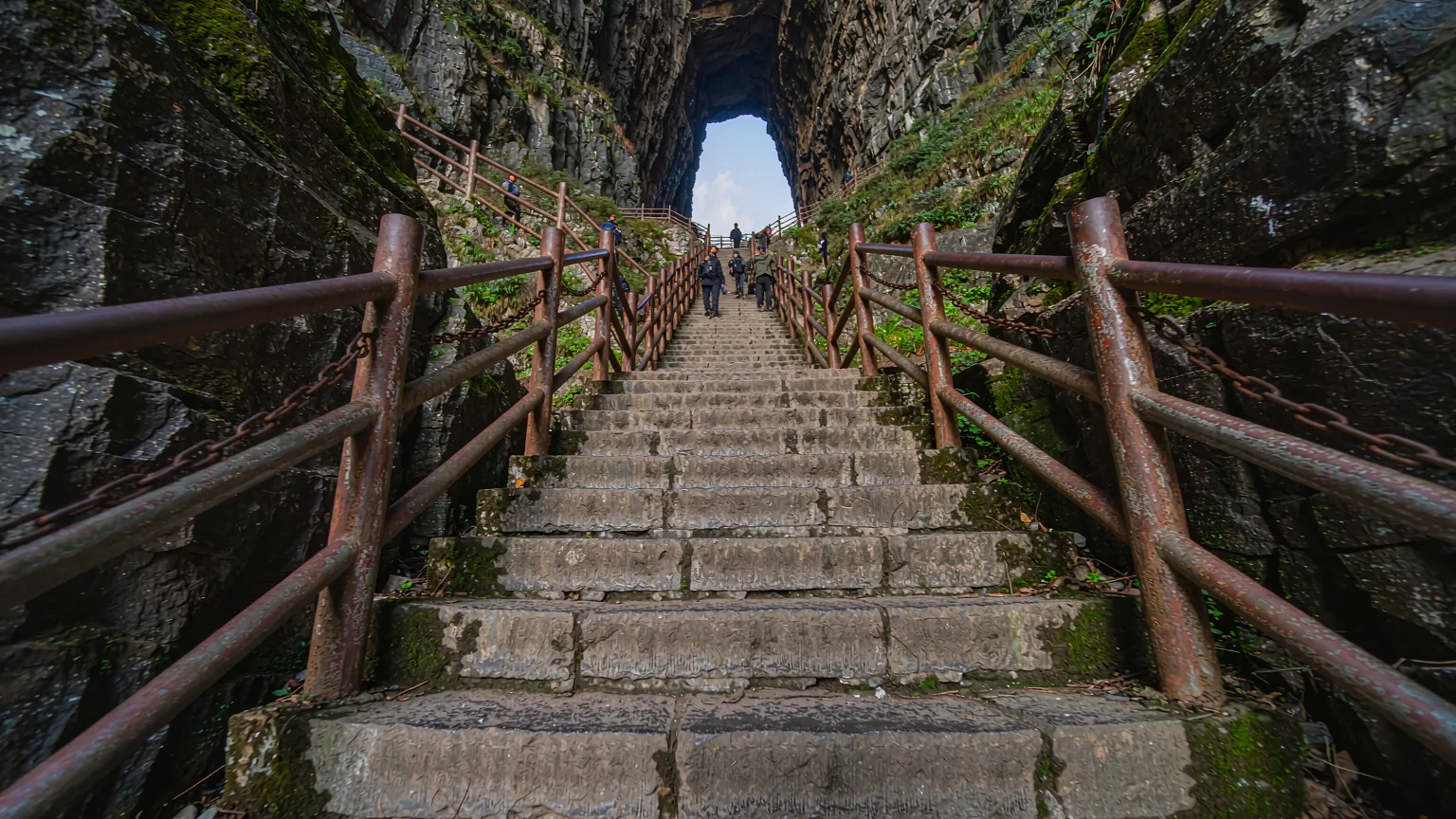 Weathered stone steps of Tianmen Mountain's 999-step stairway to the cave