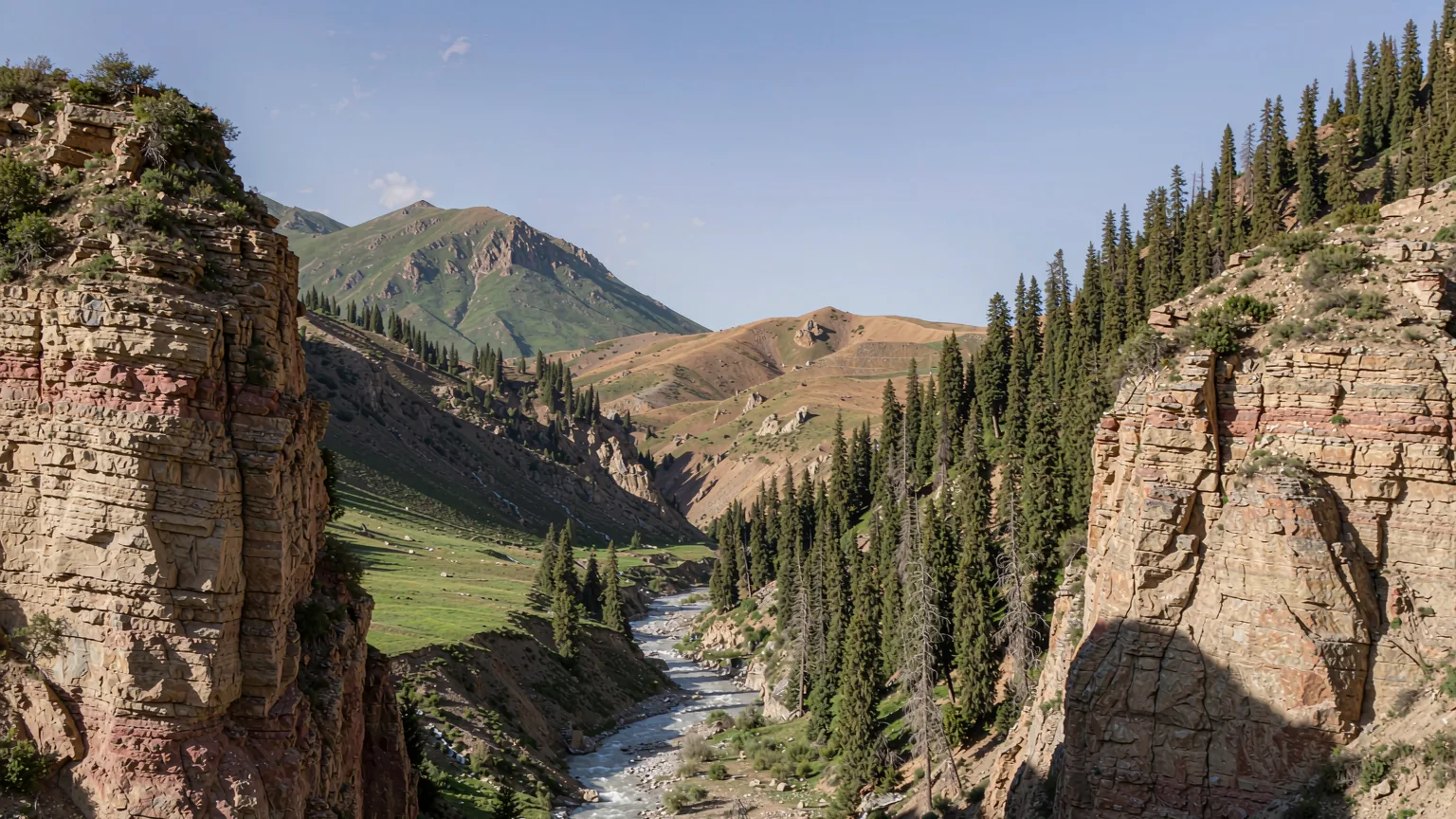 Rock walls, spruce forest and stream defining Tianshan Grand Canyon landscape